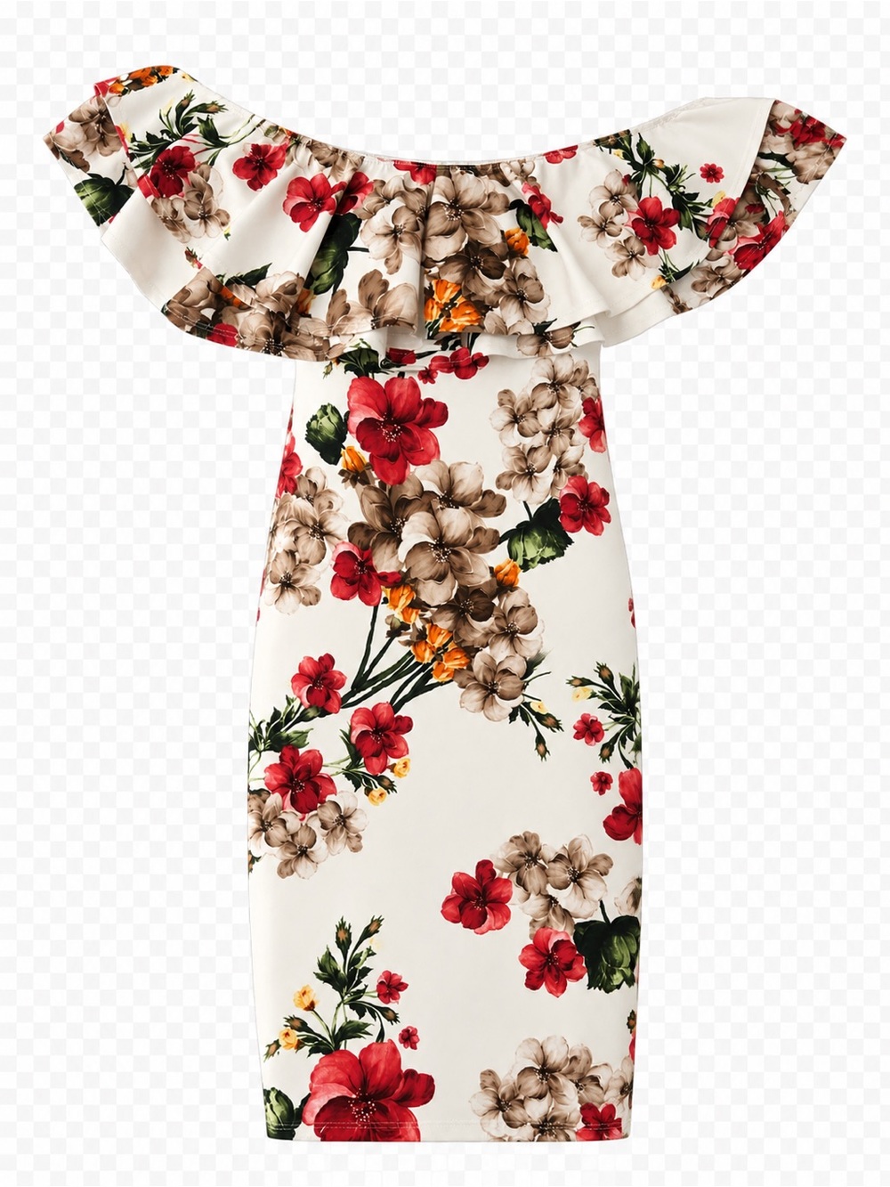 Off-Shoulder Floral Midi Dress in Ivory and Red